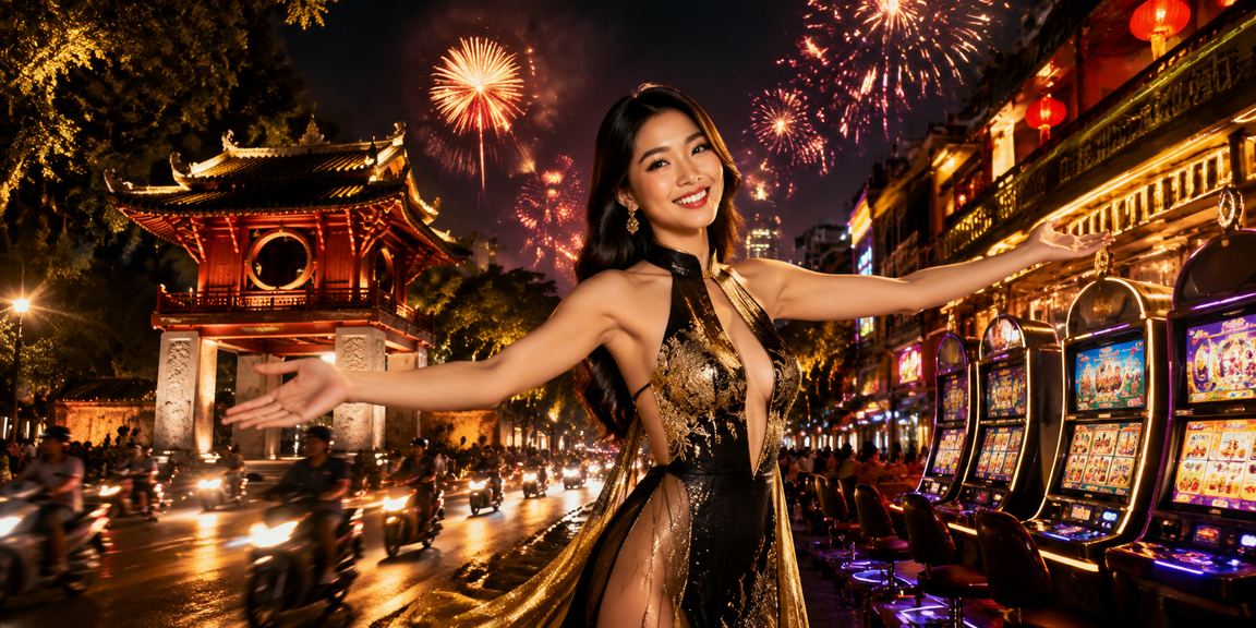 Không khí neon sôi động tại Hà Nội khi người dùng trải nghiệm slot game trực tuyến về đêm