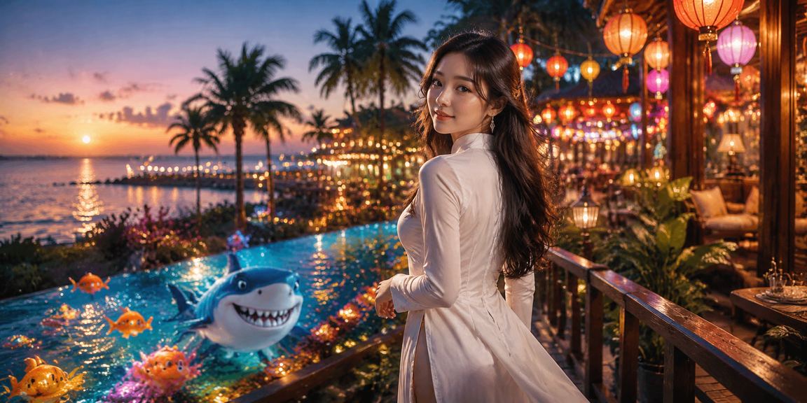 Người phụ nữ mặc áo dài Phú Quốc trải nghiệm bắn cá trực tuyến bên bờ biển
