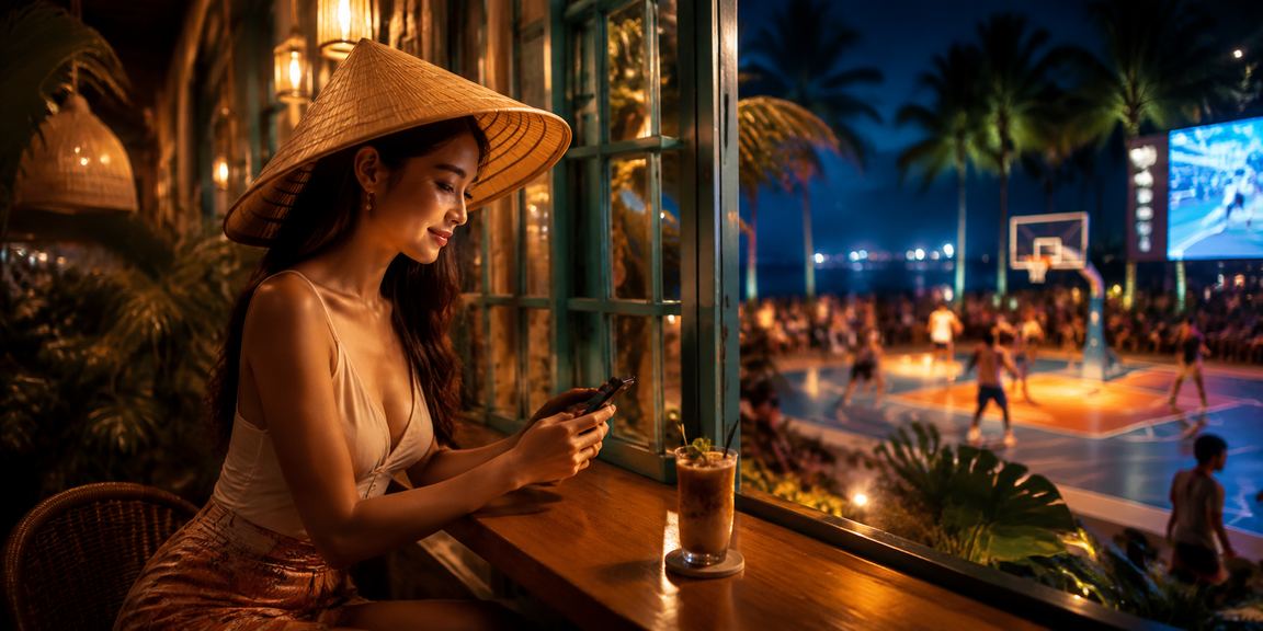 Người mặc nón lá tại Phú Quốc theo dõi kèo bóng rổ và thể thao trên điện thoại